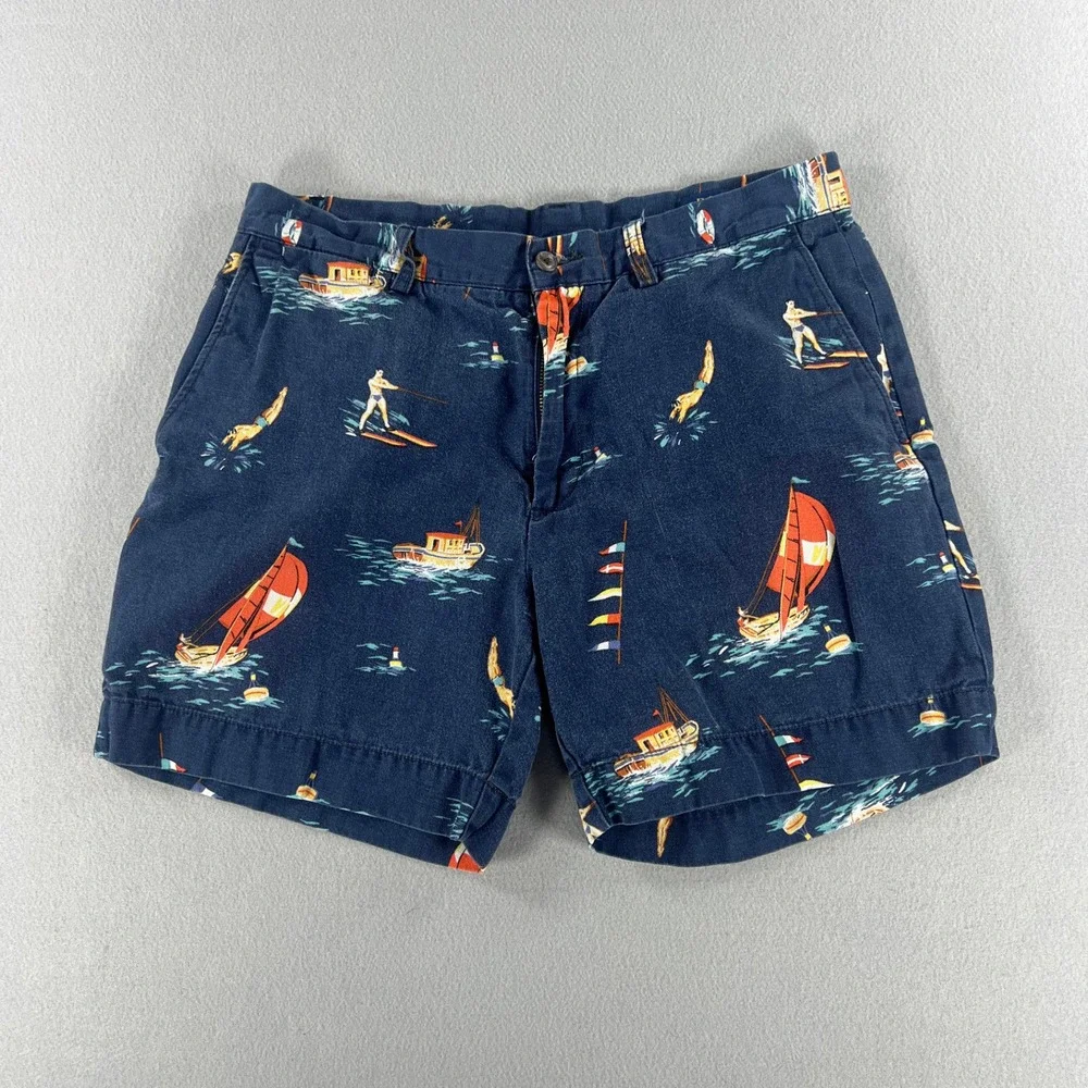 Polo Ralph Lauren Chino Shorts 33 Navy Nautical Sailboat Water Ski Linen Blend